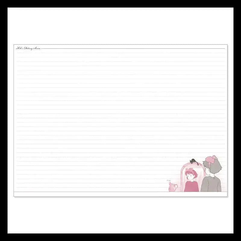 Vitblocknotblock med rosa-grå animeillustration av två karaktärer i Kiki’s Leverans Journal 2023