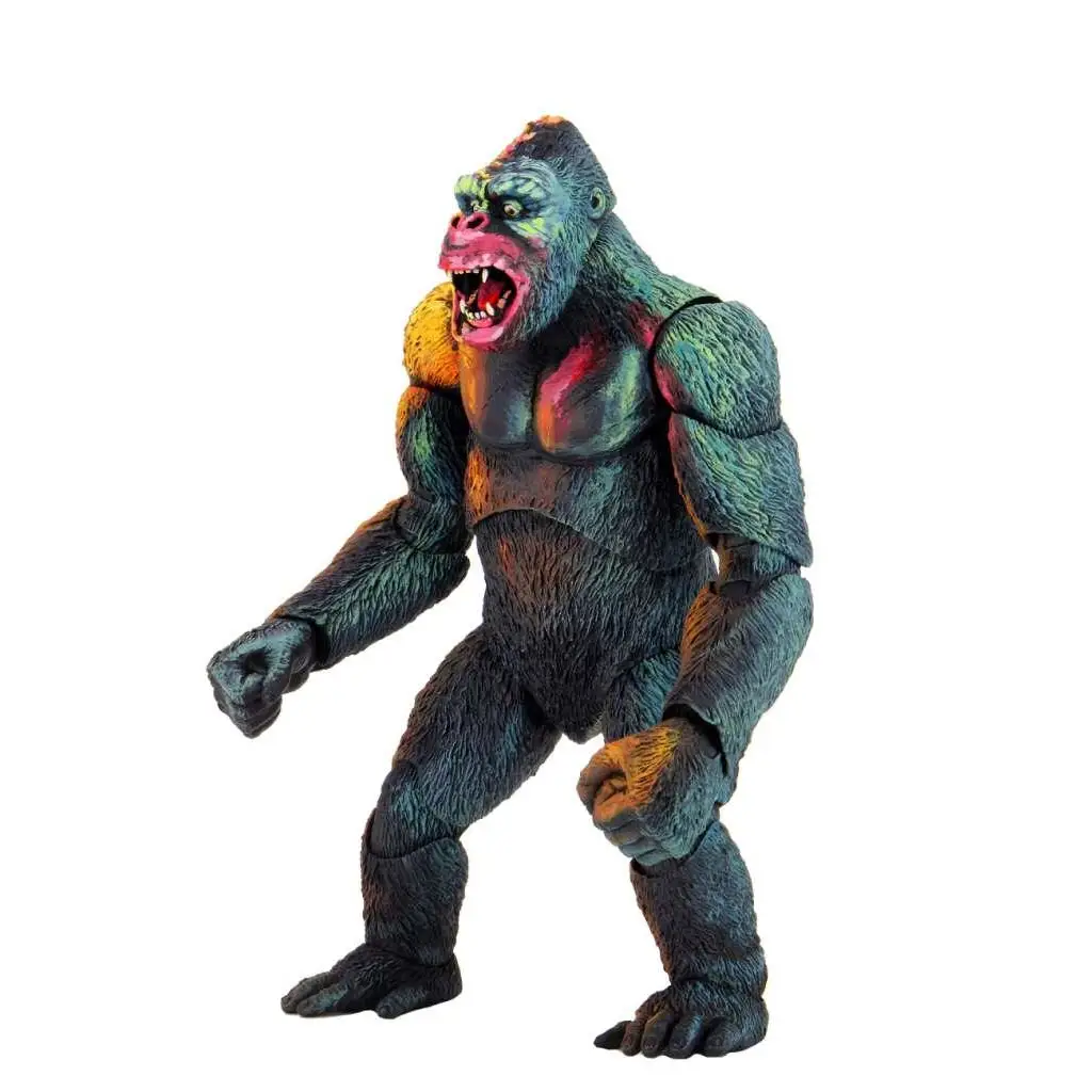 Detaljerad King Kong Ultimate Kong actionfigur med texturerad mörkgrön och svart päls, livlig rosa mun och lysande gul-orange accenter på axlar och bröst