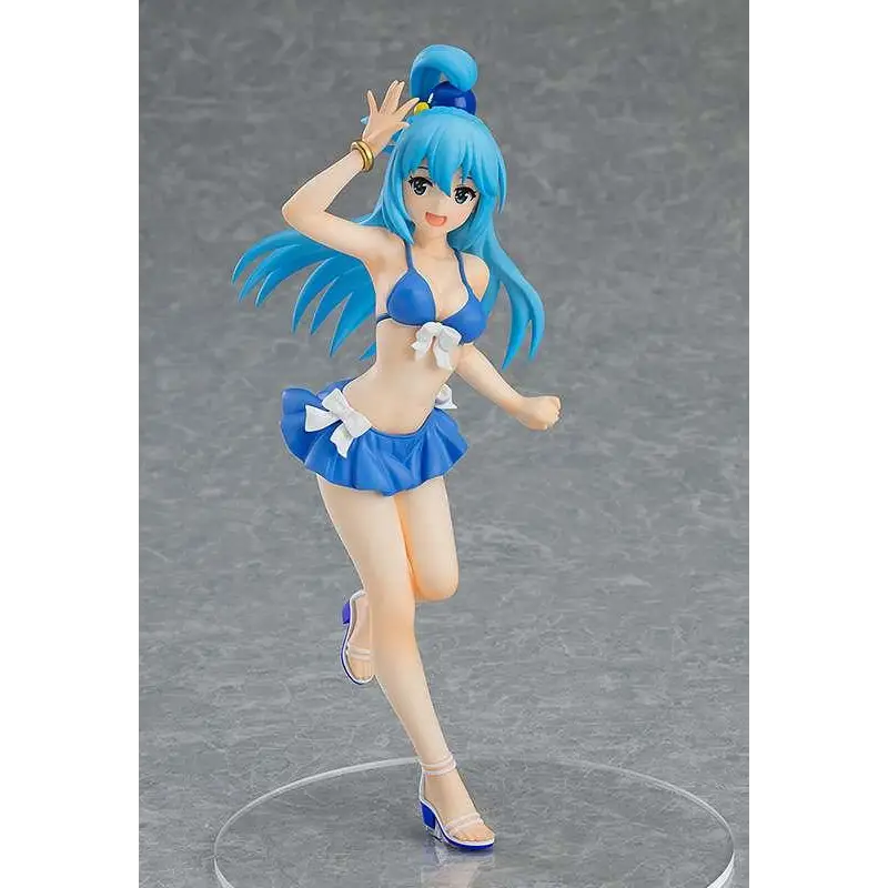 Blå animefigur av Aqua i bikini med vita rosetter och högklackat från KonoSuba