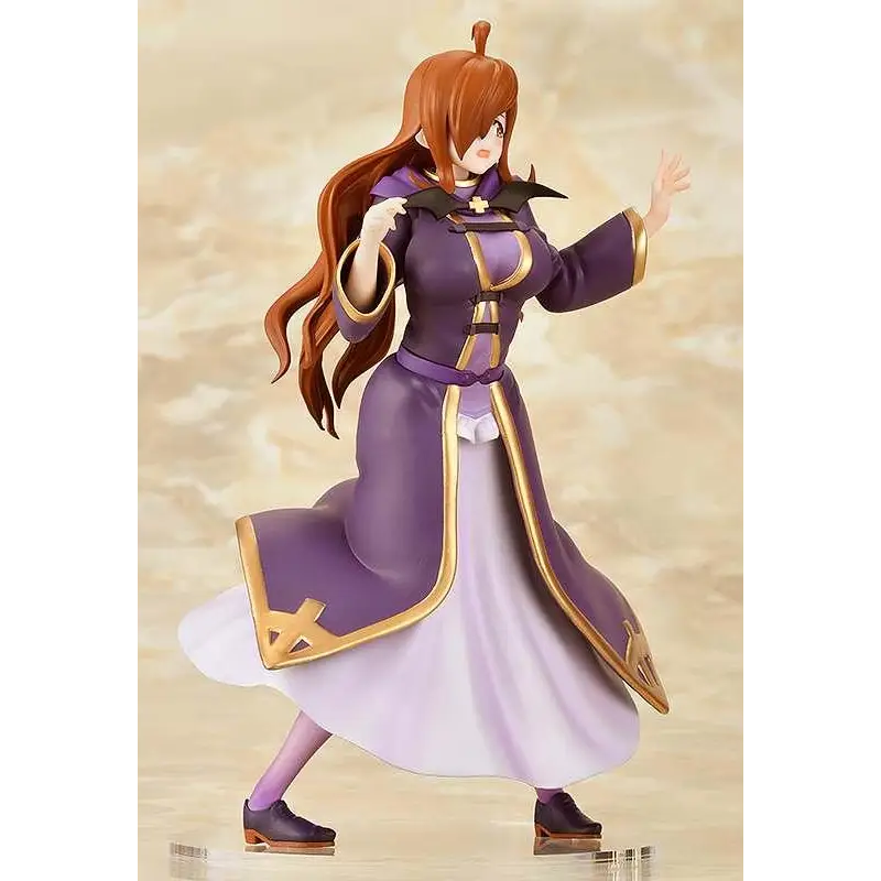 Detaljerad lila figurin med guldaccent av KonoSuba Wiz 1/7 staty, orange hår, elegant mantel över vit kjol