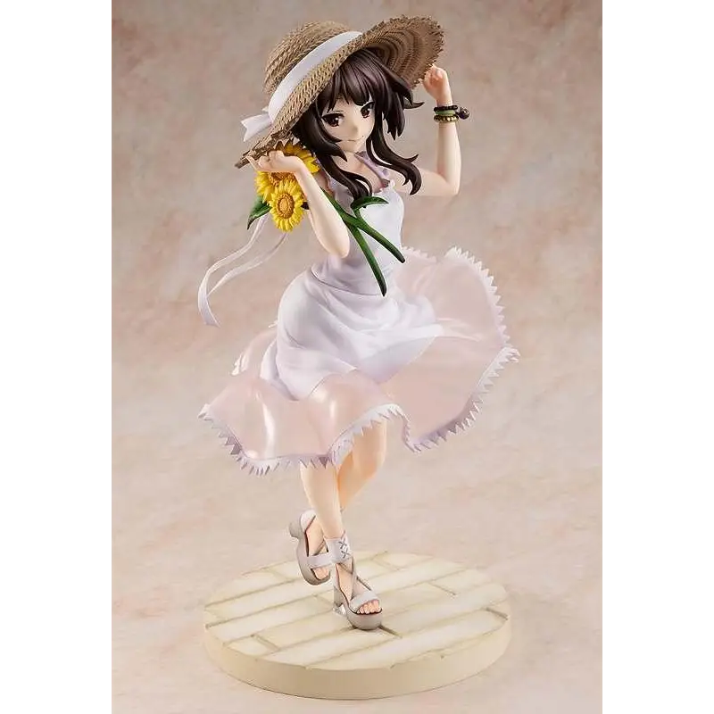 Konosuba Megumin-figur i vit och blekrosa klänning med volangkjol och halmhatt