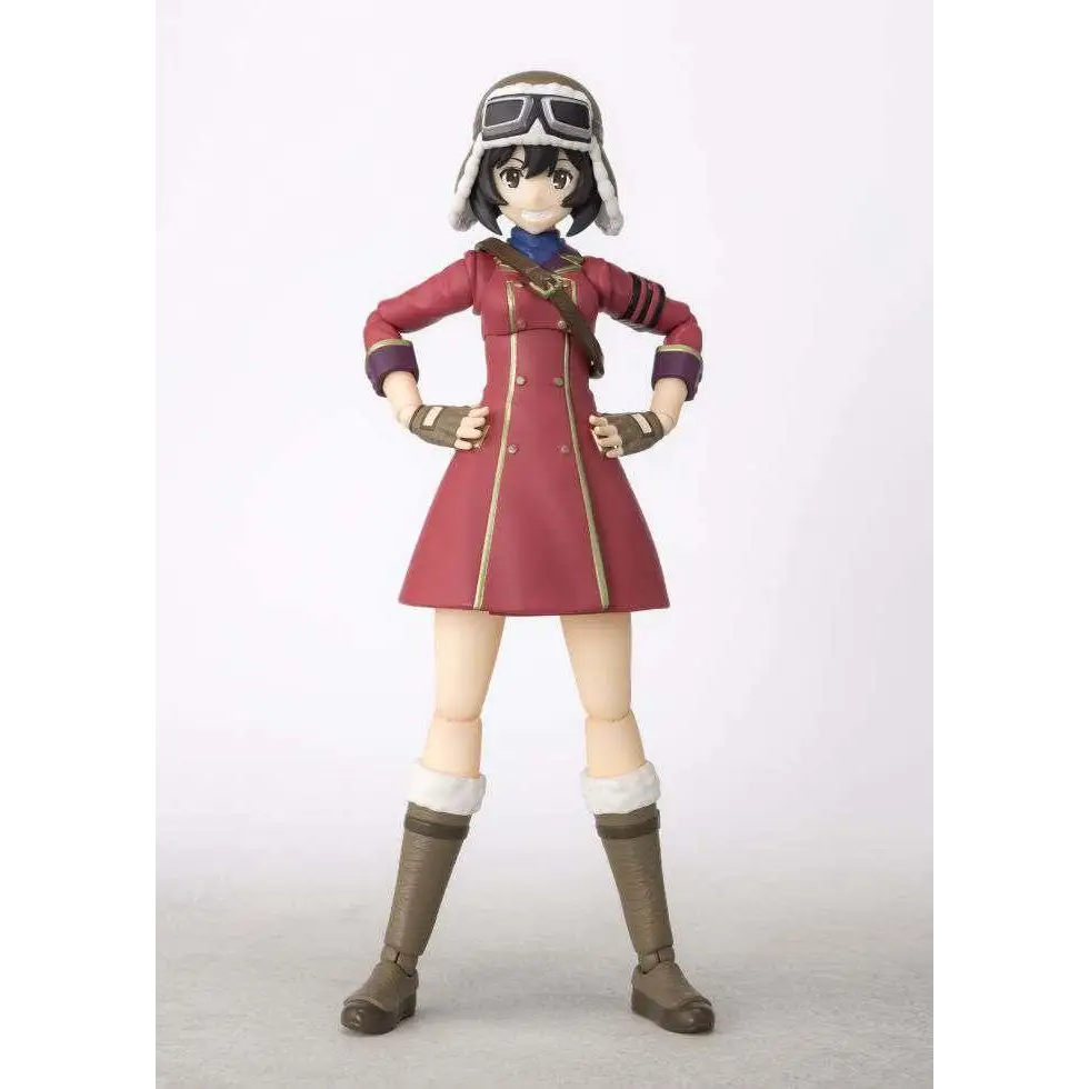 Kotobukis eskadrens Kyle S.H.Figuarts-figur i röd-brun pilotdesign med flytjacka, glasögon och stövlar
