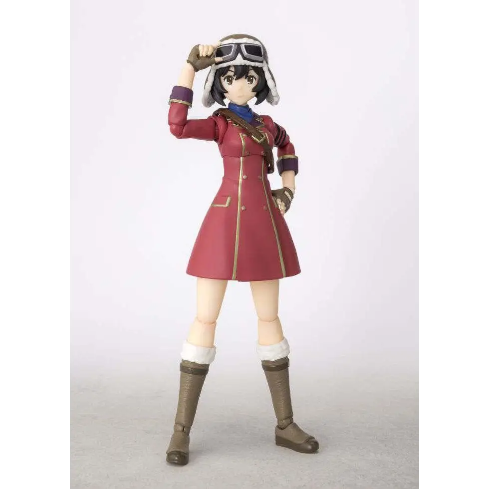 Röd mantel med gulddetaljer och lila manschetter på kvinnlig animepilot i dynamisk pose, Kotobukis Kyle S.H.Figuarts-figur