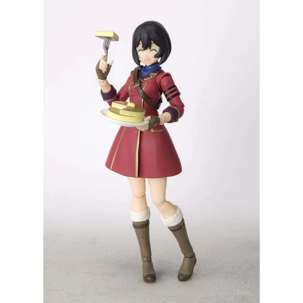 Röd och guldaccentuerad figur av Kotobuki Squadron Kyle S.H.Figuarts i detaljerad mantel, handskar och stövlar med vita manschetter