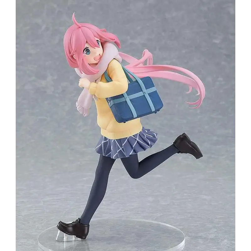 Laid-back Camp Nadeshiko Kagamihara figurine: pink-haired girl in yellow sweater, blue skirt and handbag