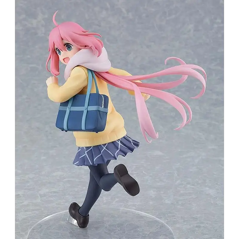 Laid-back Camp Nadeshiko Kagamihara figur med rosa hår, gultröja och blå rutig kjol