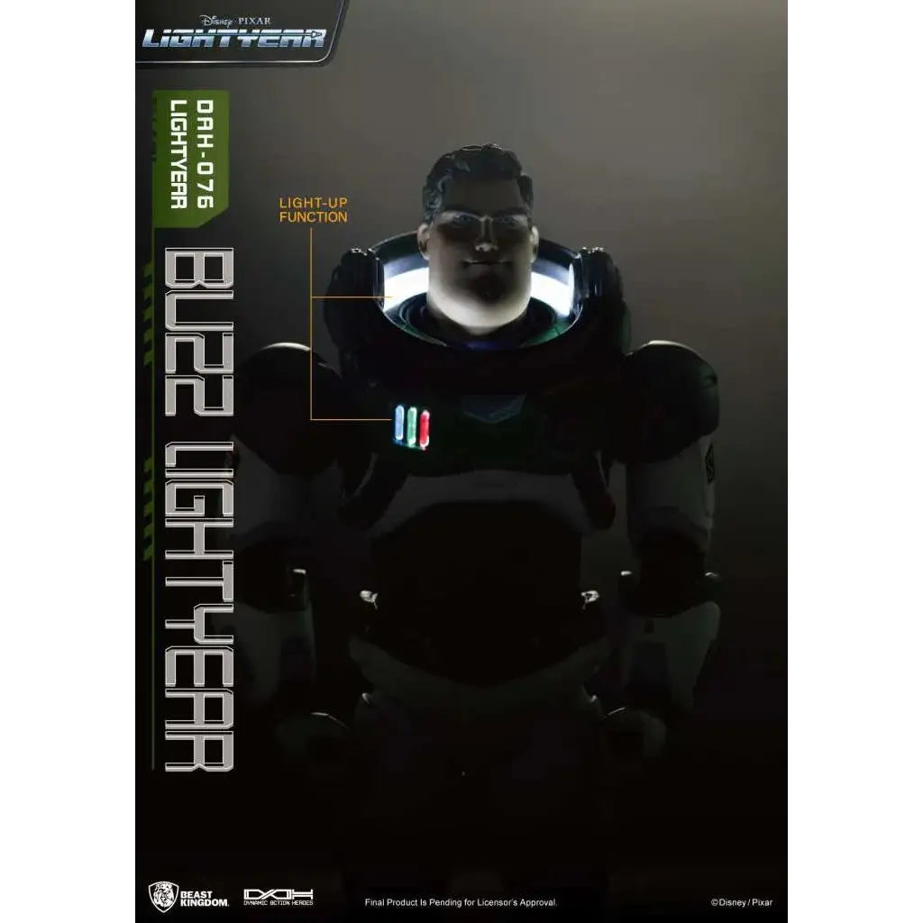 Svart och grå Buzz Lightyear-figur i Alpha Suit DAH-076 med lysande vit krage och LED-indikatorer