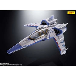 Vit plastmodell av futuristiskt rymdskepp Lightyear Chogokin XL-15, vitt och blått med röda accenter