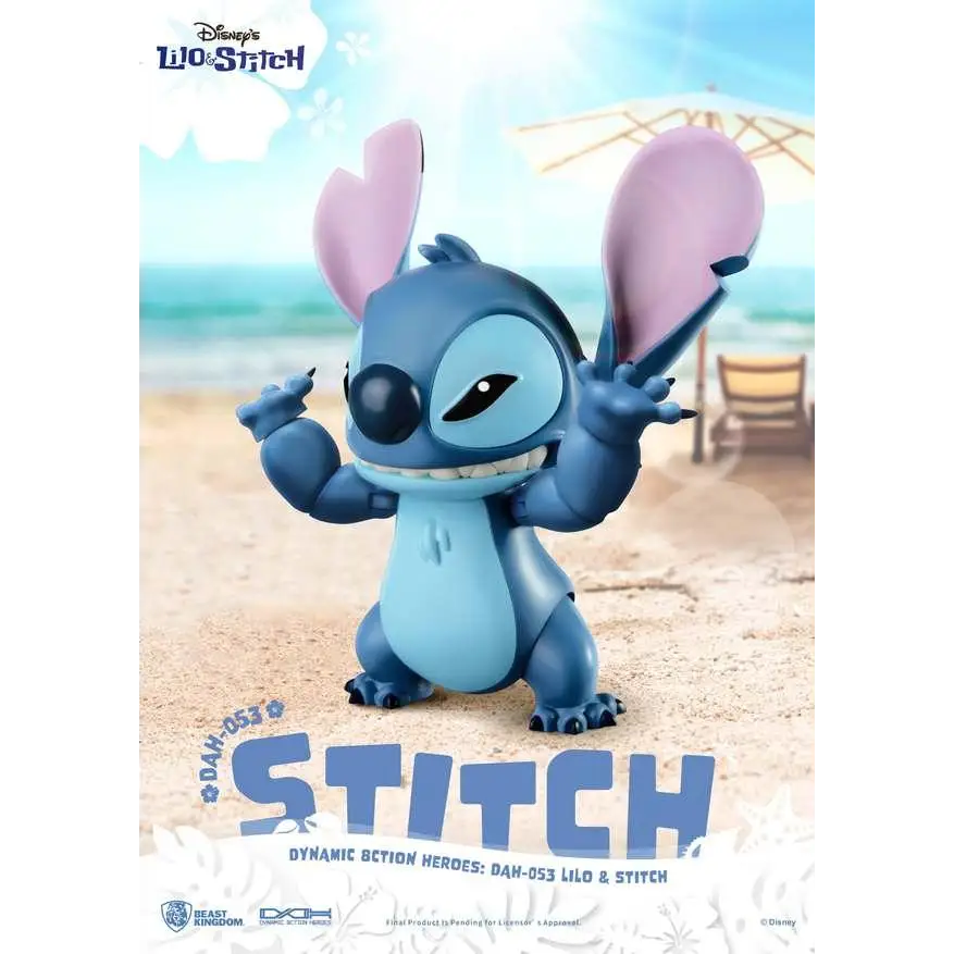 Blå Stitch-figur med rörliga leder på sandstrand från Lilo & Stitch