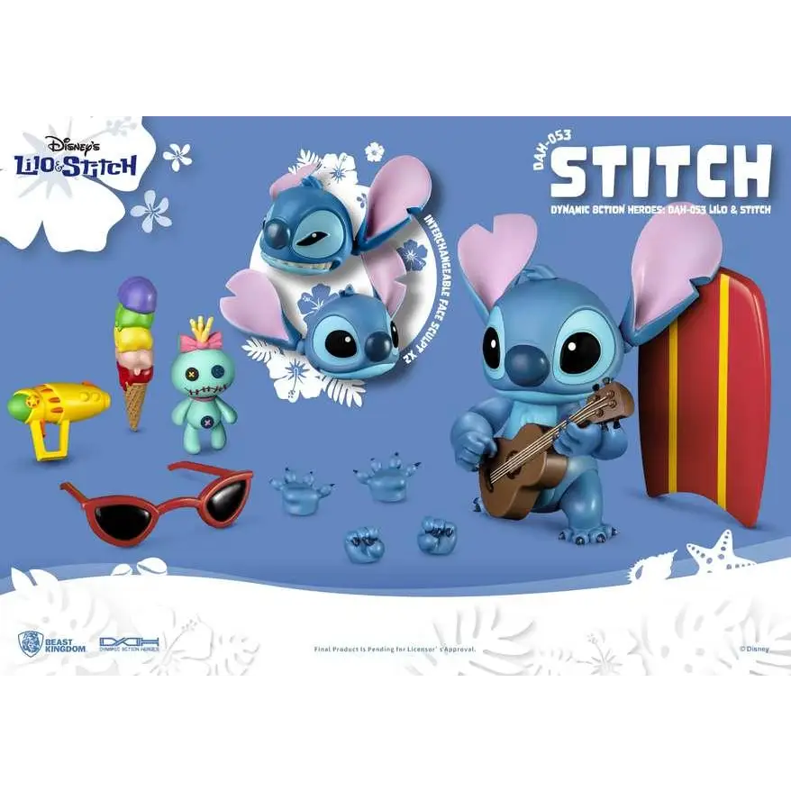 Blå Stitch-figur med rosa öron, ukulele och surfbräda