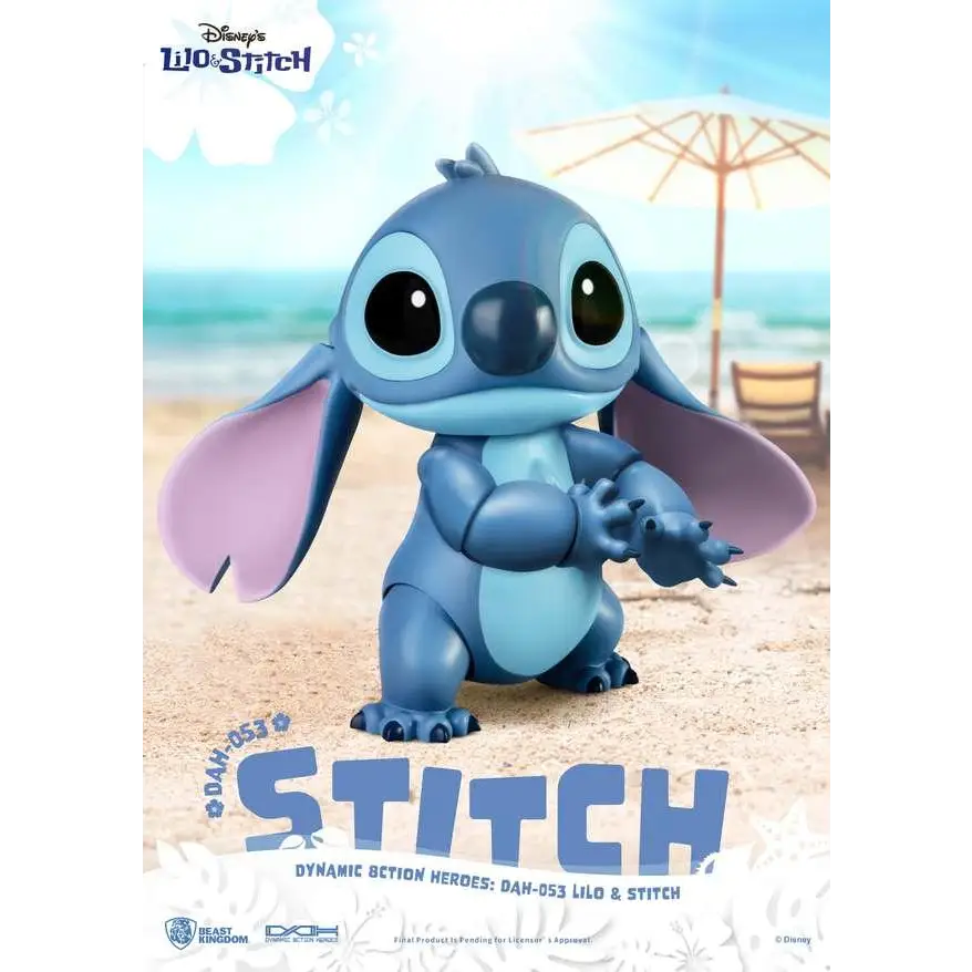 Lilo & Stitch blå figur med rörliga leder på sandstrand