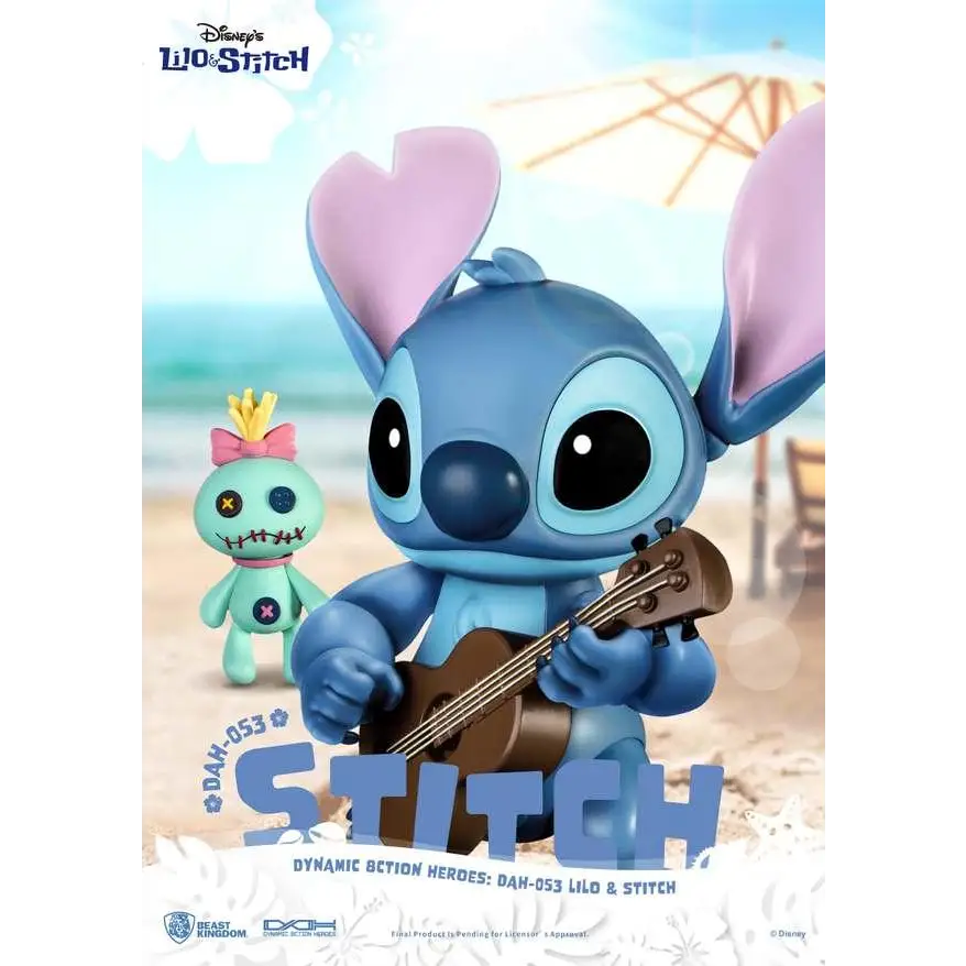 Blå Stitch-figur med rosa öron och stora ögon, håller brun ukulele