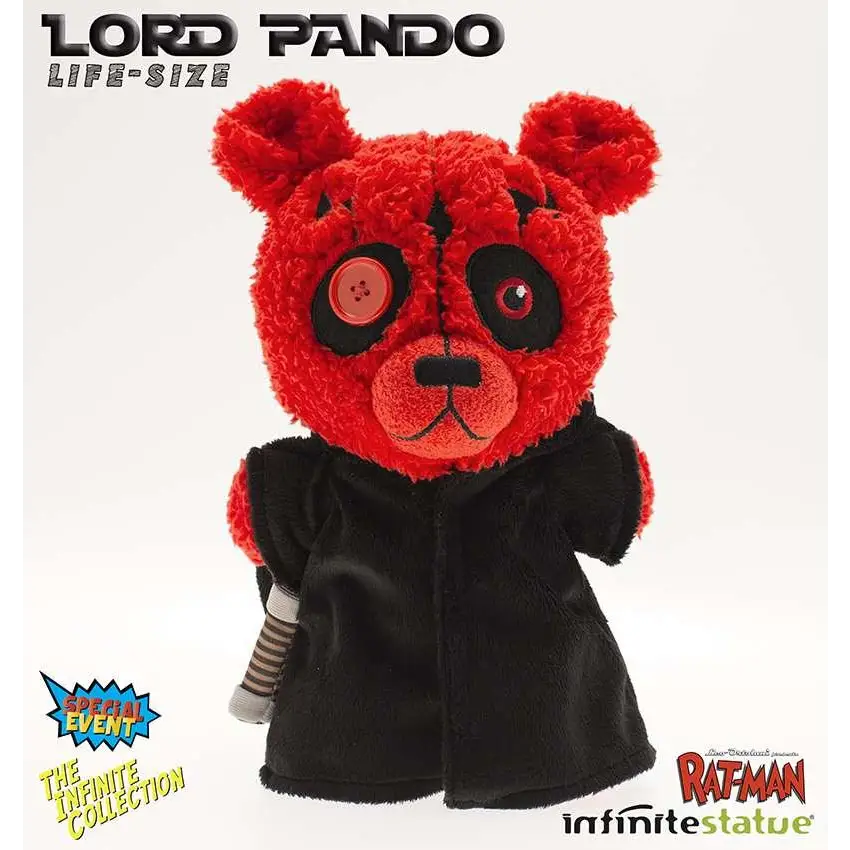 Röd plyschbjörn med knappars och svart mantel från Lord Pando life-size-kollektion av Infinite Statue