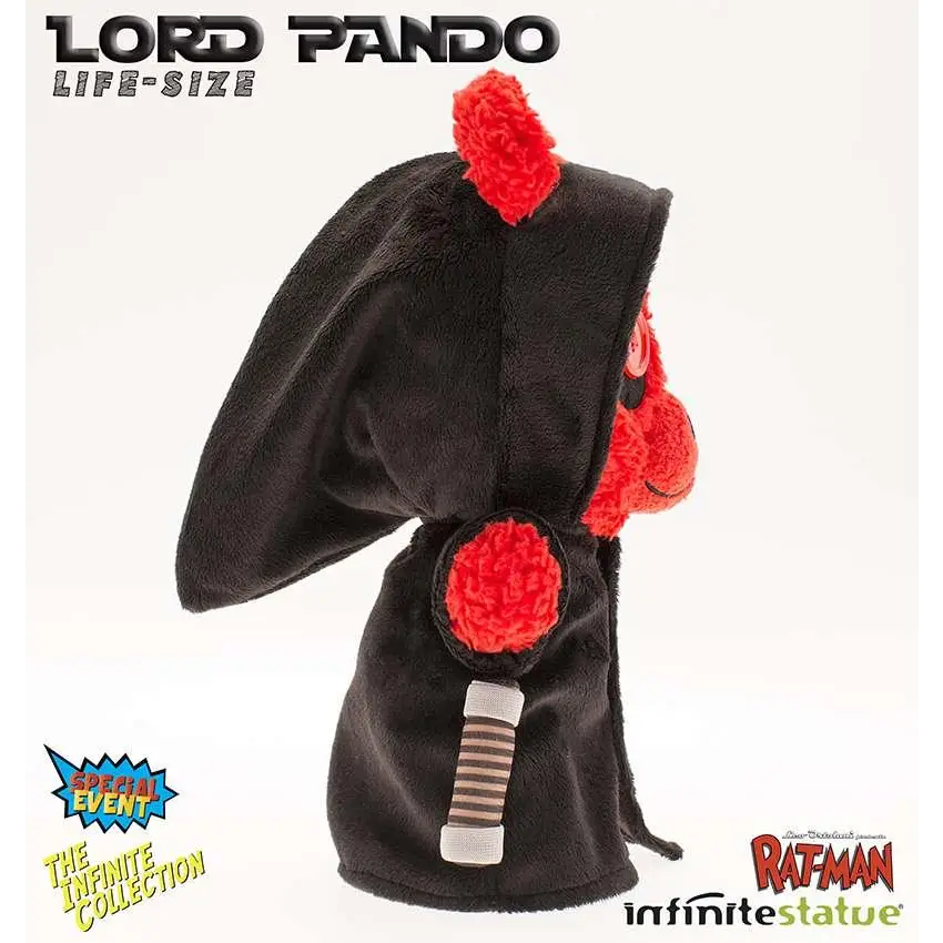 Svart plyschhuvad kappa med röda pom-pom-detaljer och randigt handtag, Lord Pando-figur från Star Rats