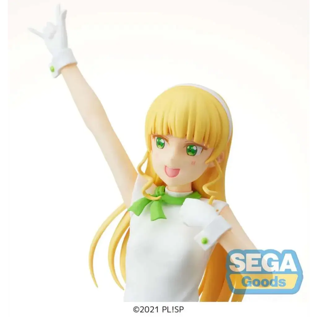 Detaljerad figur av blond animeflicka Sumire Heanna med gröna ögon i vit klänning och grön rosett