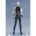 Silver-haired Qiluo Zhou anime figurine in black leather outfit and white coat on clear base