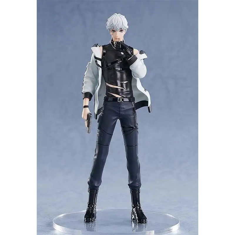 Silver-haired Qiluo Zhou anime figurine in black leather outfit and white coat on clear base