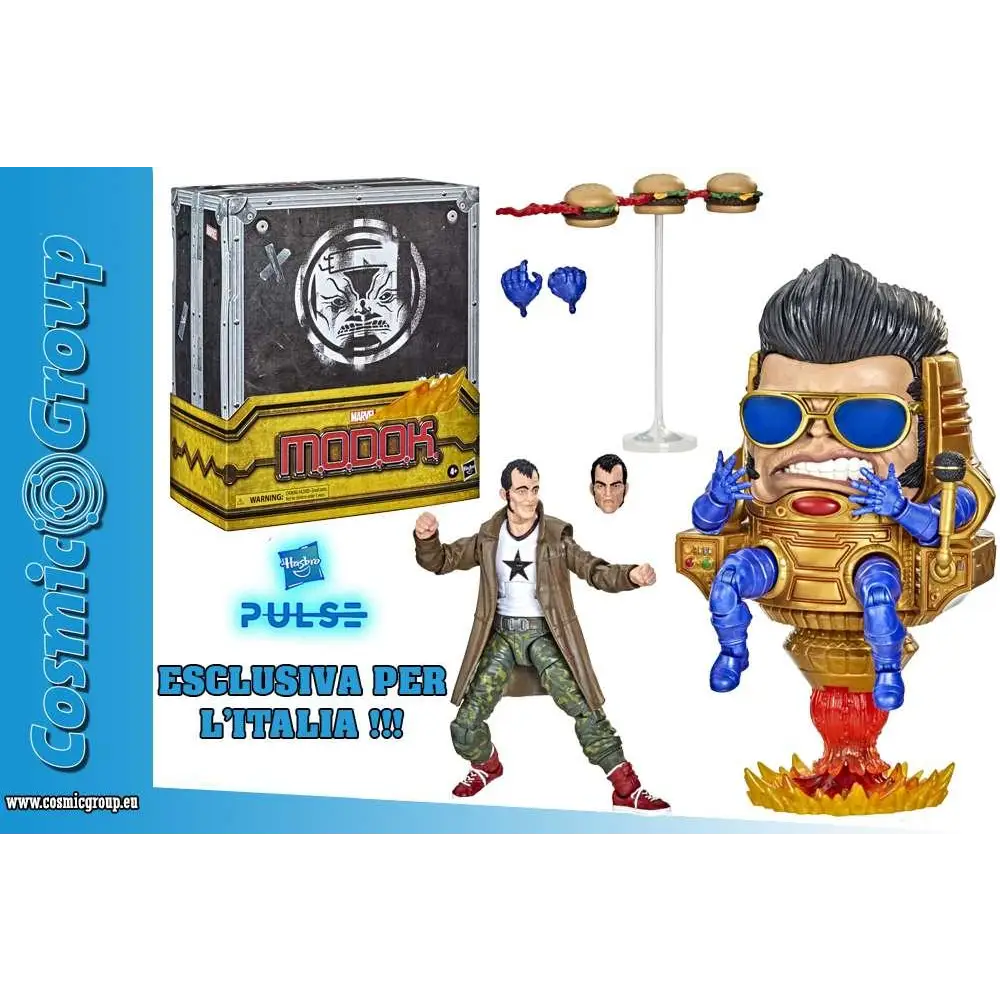 Guld- och blå Funko Pop! Mordo i mekanisk tron med röda lågor, i M.O.D.O.K. Elvis + Cap. limited edition-set