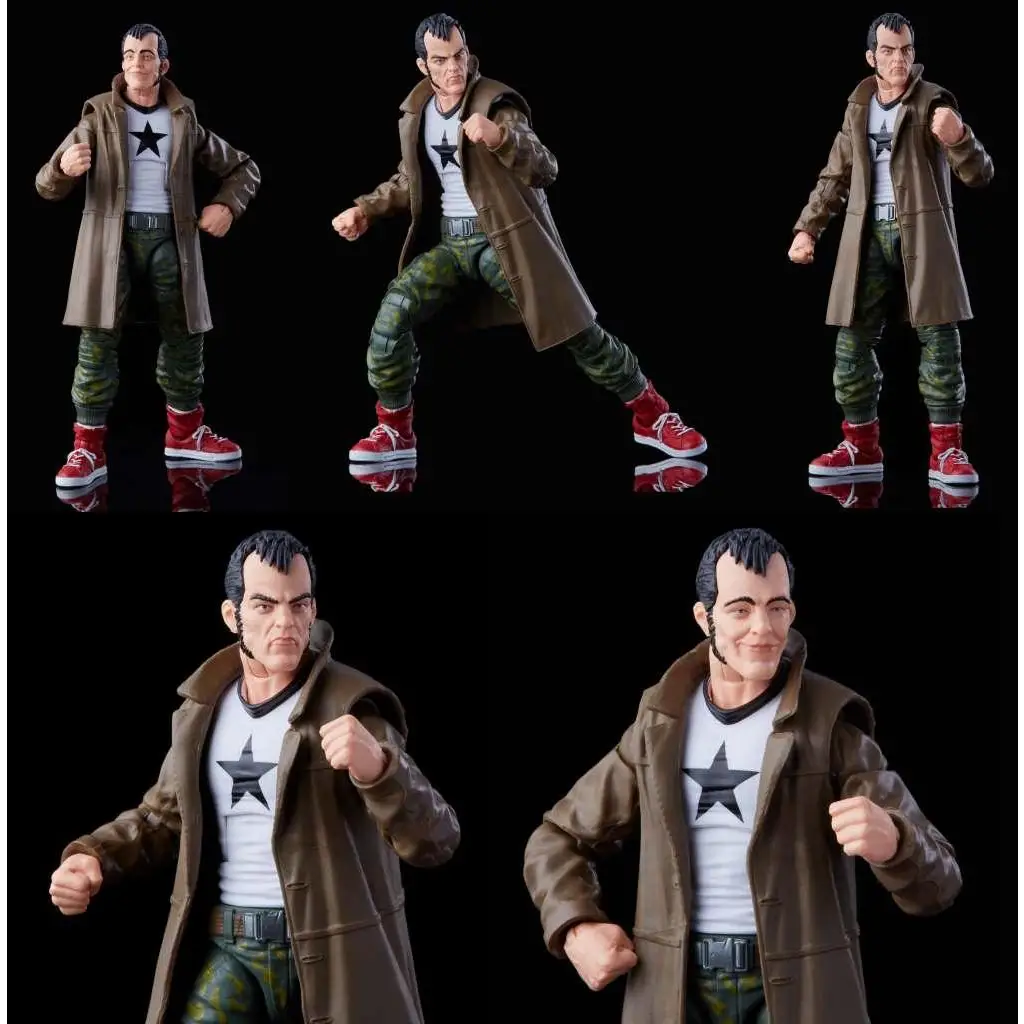 M.O.D.O.K. Elvis-figur i brun trenchcoat, kamouflagebyxor, röda sneakers och vit t-shirt med svart stjärna, limited edition-set med cap
