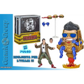 Guld- och blå Funko Pop-figur av Mordo i mekanisk tron med röda lågor, i M.O.D.O.K. Elvis + Cap. limited edition-set
