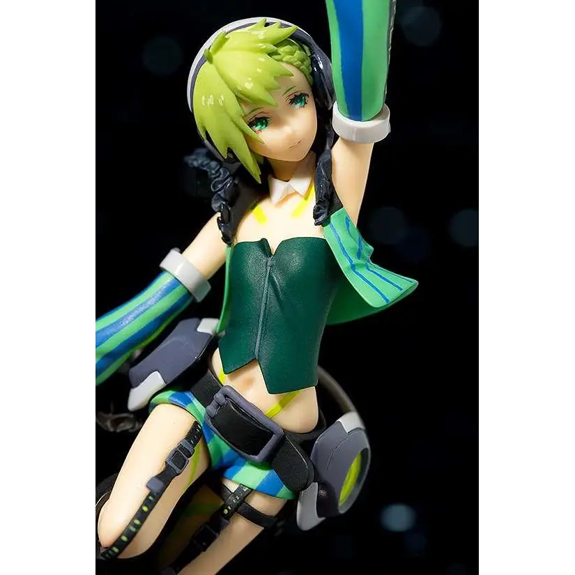 Grön hårup animefigur i grön-blå outfit med svarta remmar, hörlurar, Macross Plamax MF-13 Reina MK