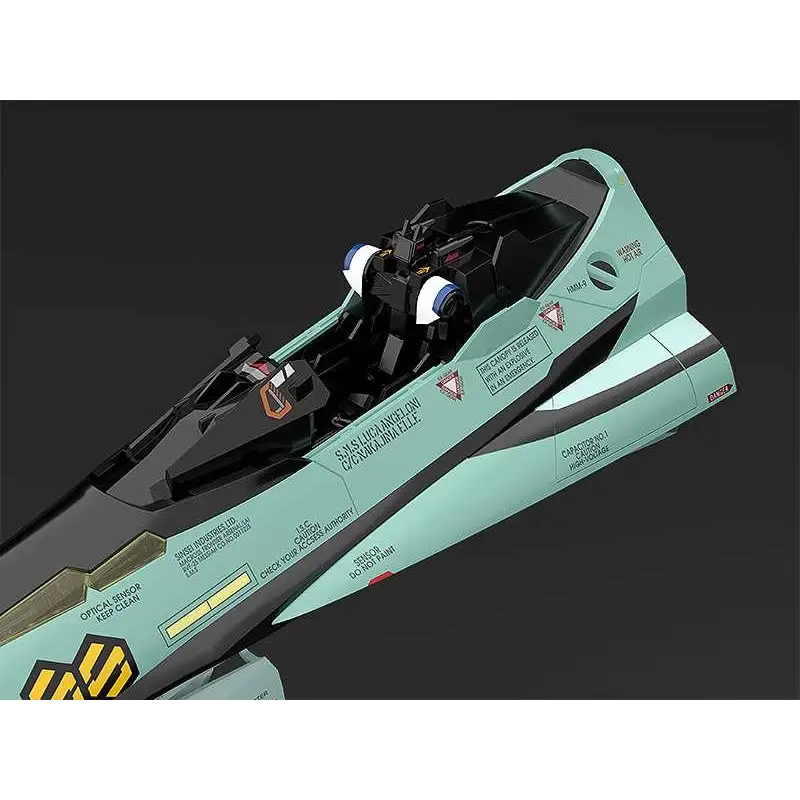 Teal och svart plastmodell av futuristisk Macross-fighterjet RVF-25
