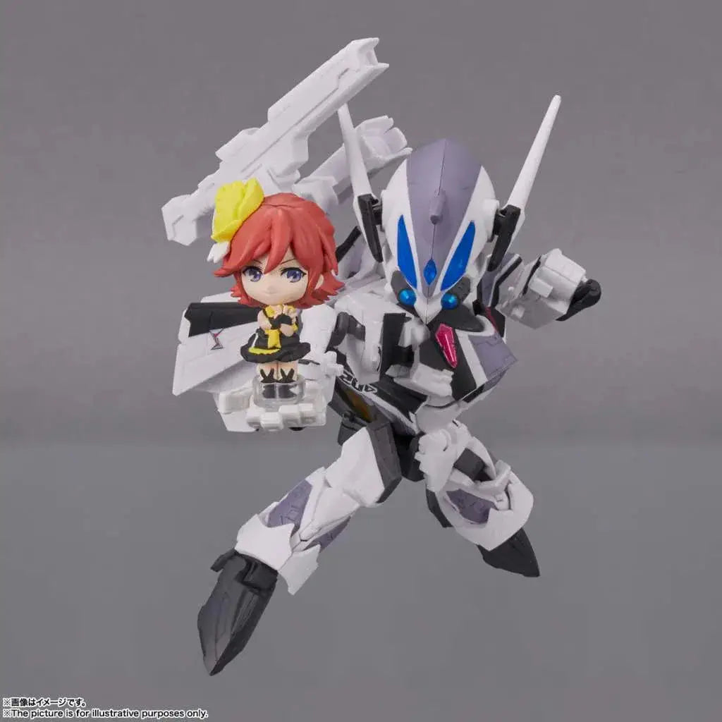 Vit Macross VF-31F Siegfried Kaname chibi-figur med vit-grå robot och gulhårig flicka