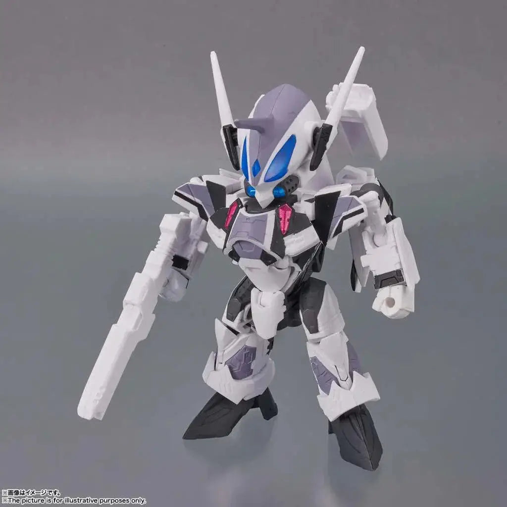 Vit plastic robotfigur Macross VF-31F Siegfried Kaname TINY SESSION med blå lysande ögon