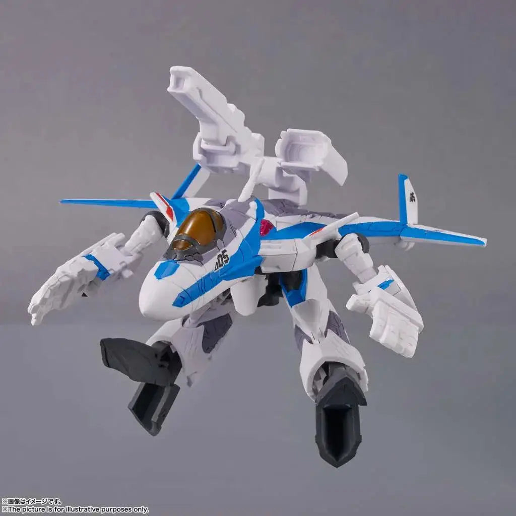 Vit Macross VF-31J Siegfried Freyja Tiny Session-figur: vit och blå plastrobot med jetdesign, guldtonad cockpit och svarta fotplattor
