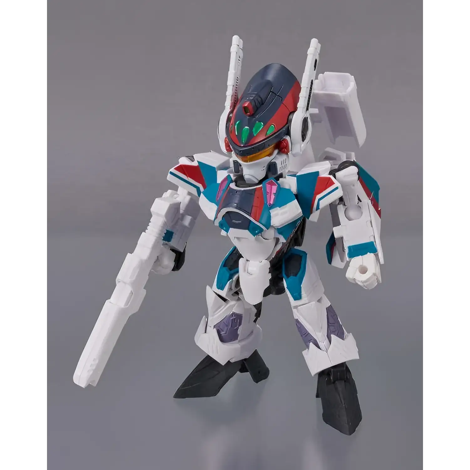 Vit plastrobot i vitt, blått och rött med grön hjälm, Macross VF-31S Siegfried Mikumo