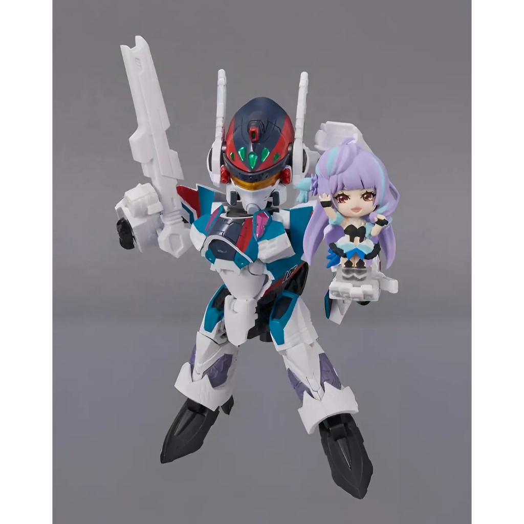 Vit Macross VF-31S Siegfried Mikumo Tiny Session-figur: vit, blå, röd robot med hjälm, gröna accenter, antenner och stort vapen