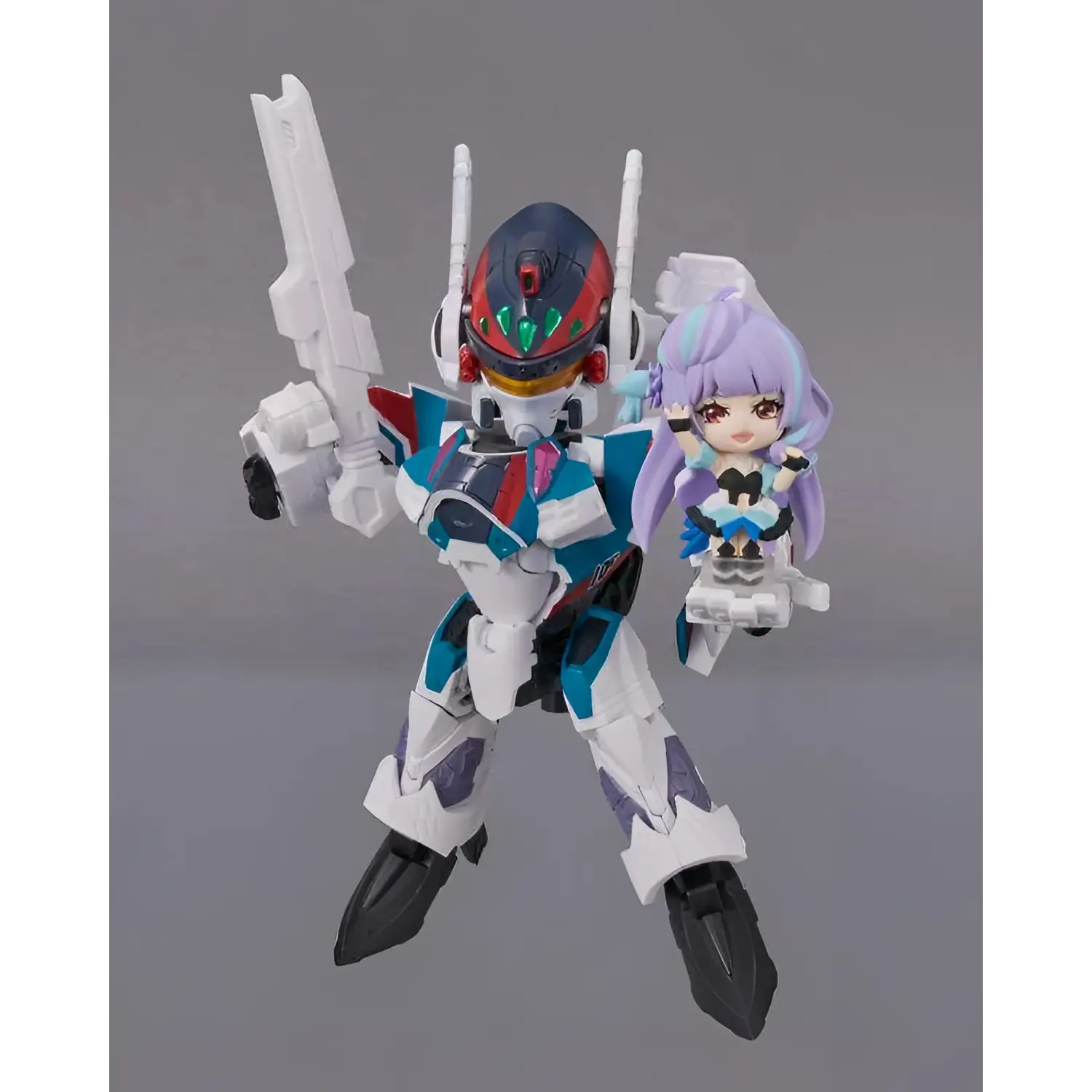Vit Macross VF-31S Siegfried Mikumo Tiny Session-figur: vit, blå, röd robot med hjälm, gröna accenter, antenner och stort vapen