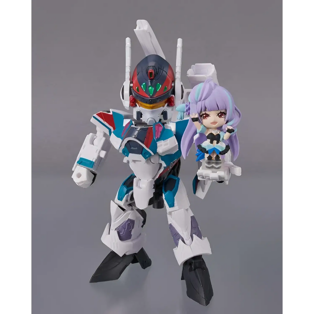 Vit plastrobotfigur i vitt, blått och rött med detaljerad hjälm och ledade lemmar, Macross VF-31S Siegfried Mikumo