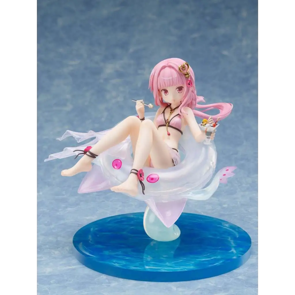 Iroha Tamaki Magia Record figurin i rosa hår och svartrosa bikini på manetliknande flyt