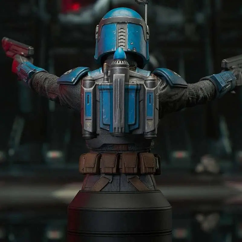 Blå och grå Mandalorian rustning bust med detaljerad plätering, väderad textur och brunt verktygsbälte för Bo-Katan Kryze mini-bust 1/6