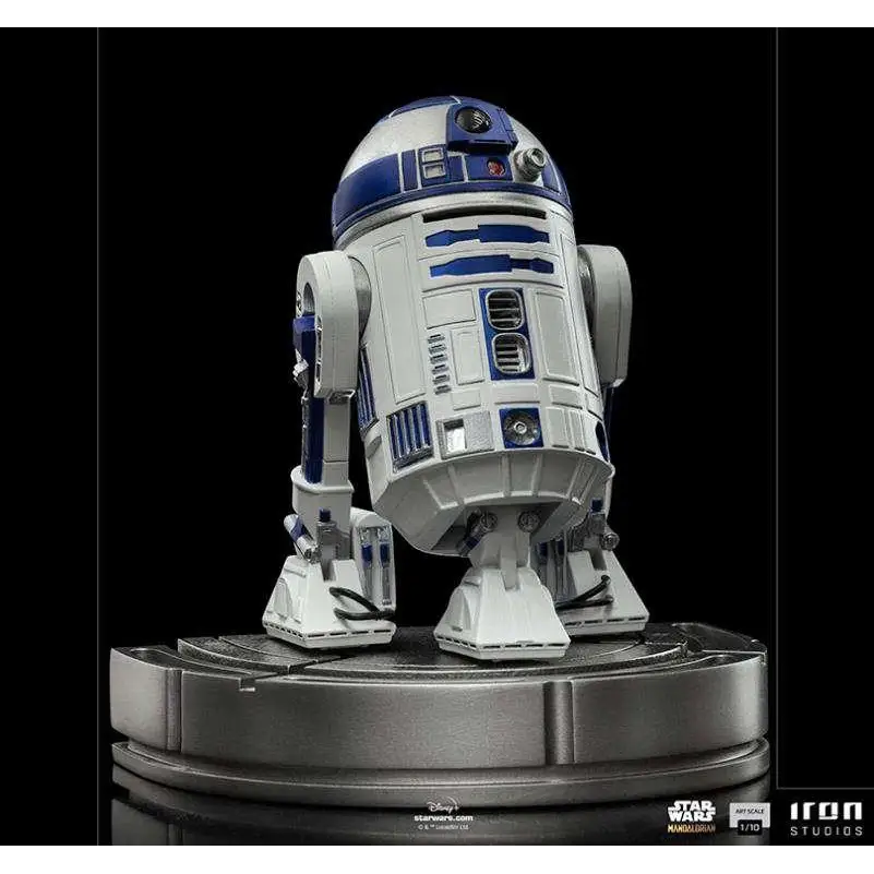 Vit Mandalorian R2-D2 1/10 staty i vit och blå med detaljerad panelning på silverbas
