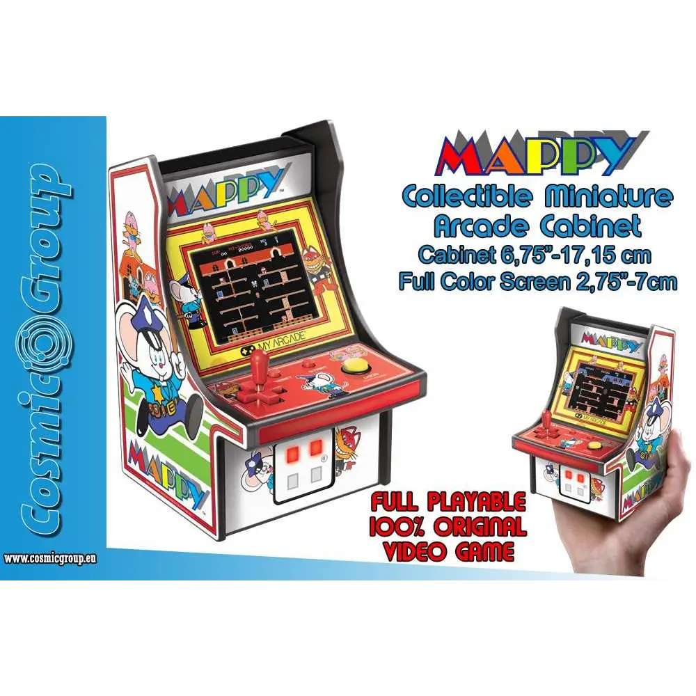 Miniatur arkadskåp Mappy med röda vita färger och färgglada tecknade grafik