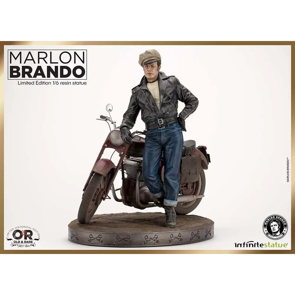 Marlon Brando 1:6 resinstatyett med motorcykel, svart läderjacka och jeans