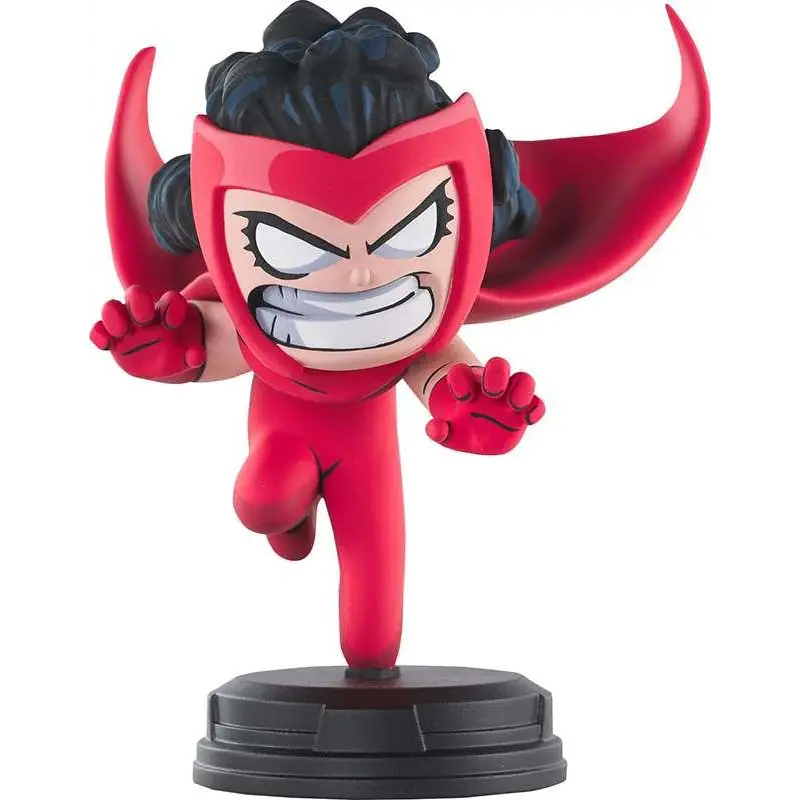 Röd och svart animerad Marvel Scarlet Witch-staty med överdrivna drag på rund bas