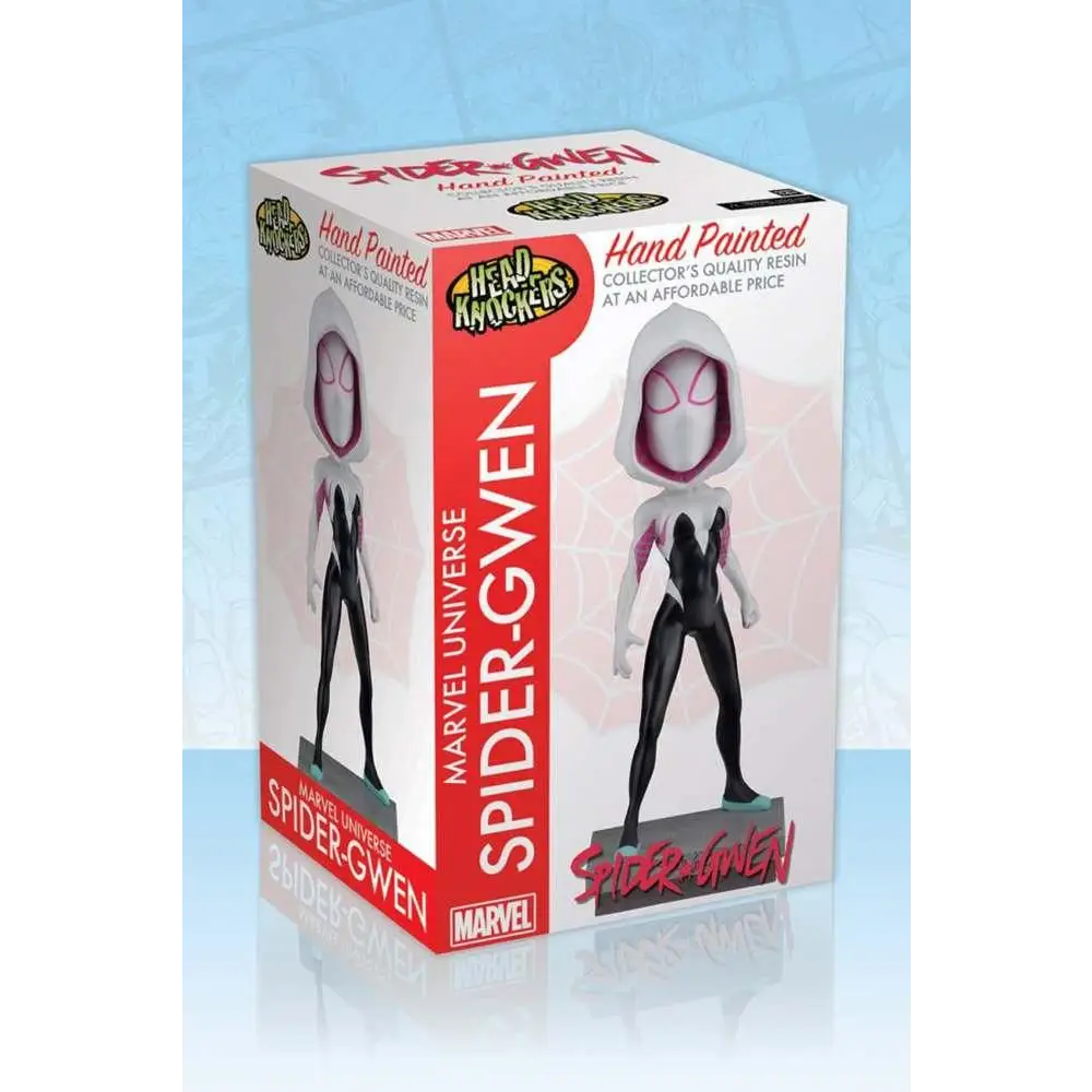 Handmålad Spider-Gwen bobblehead i svartvitt med rosa accenter, resin