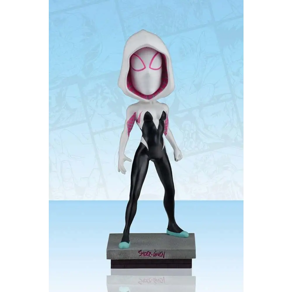 Vit Spider-Gwen bobblehead i svart och vitt med rosa accenter på huva, axlar och ögon