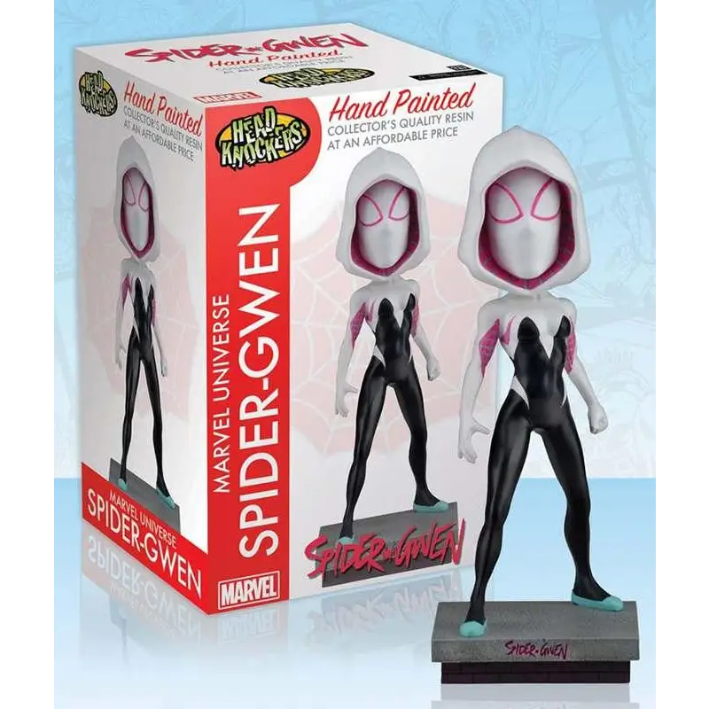 Handmålad Spider-Gwen bobblehead i svart-vit dräkt med rosa accenter, resin