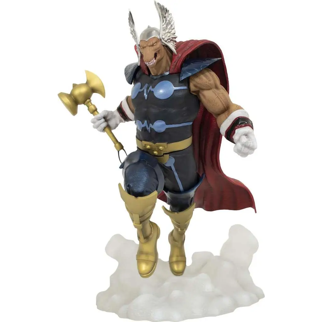 Beta Ray Bill som Thor-figur med silvervingar, röd mantel och guldfötter håller hammare