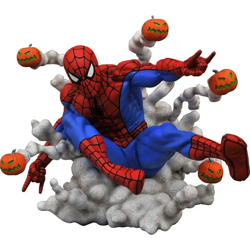Röd och blå Spiderman-figur med svart spindelnät, omgiven av orange lyktor på grå rökbas