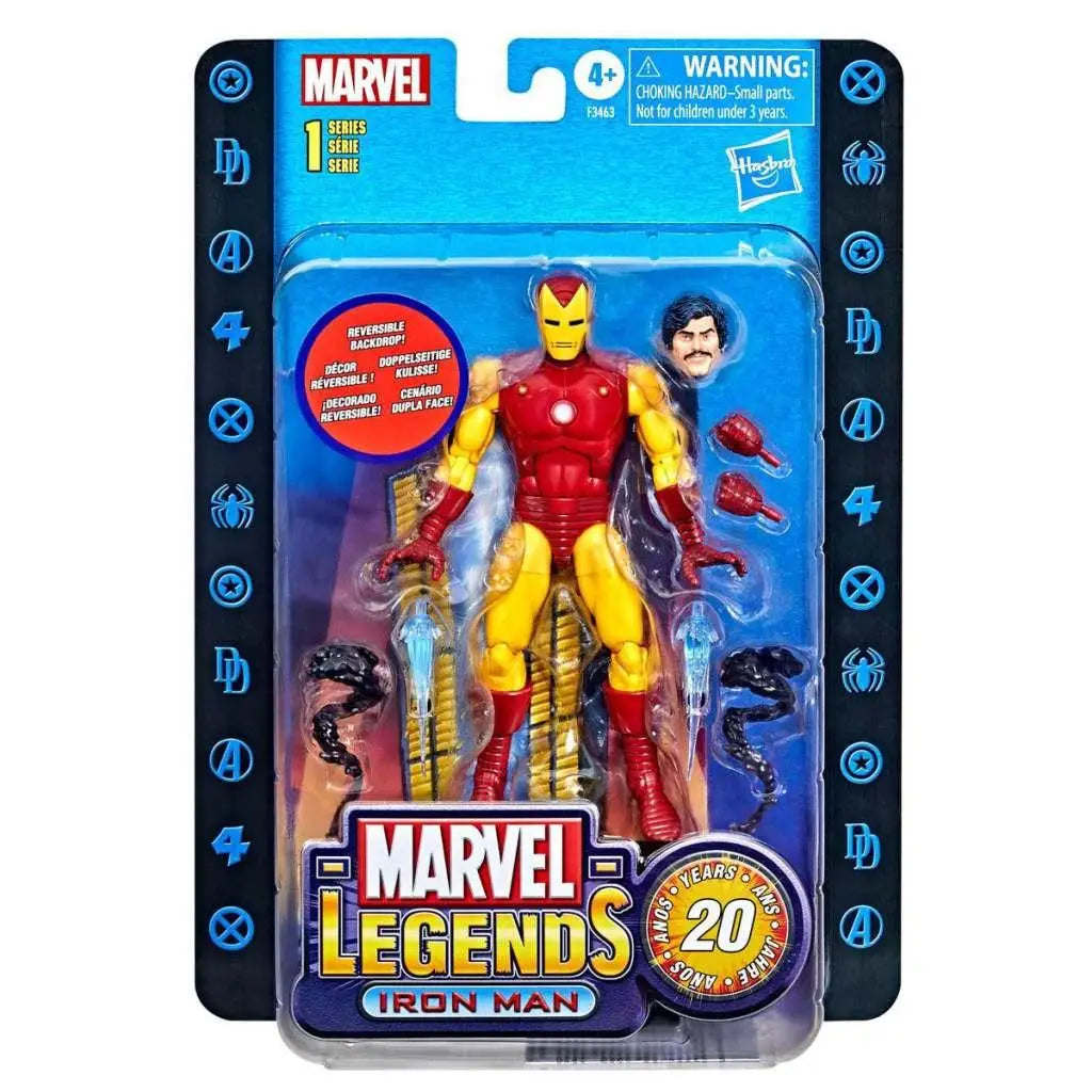 Röd och gul Marvel Legends Iron Man-actionfigur i originalförpackning, 20-årsjubileum