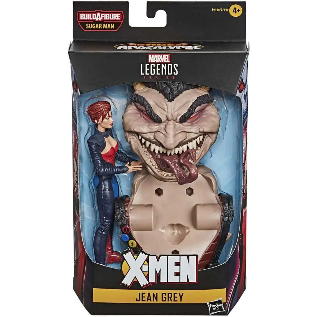 Marvel Legends Age of Apocalypse Jean Grey actionfigur i svart-röd dräkt med handen på Sugar Man, i förpackning