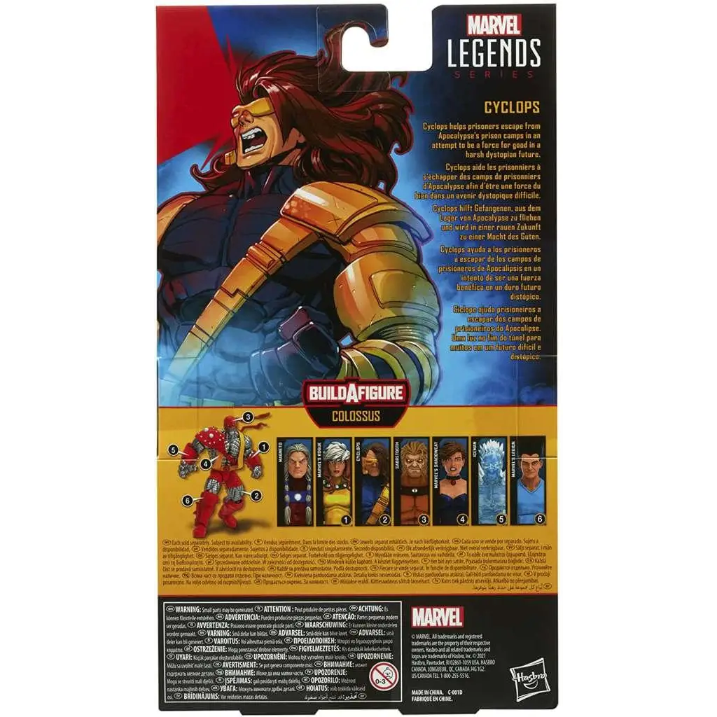 Marvel Legends AOA Cyclops actionfigur med röd-gul dräkt, blå handskar och distinkt visir