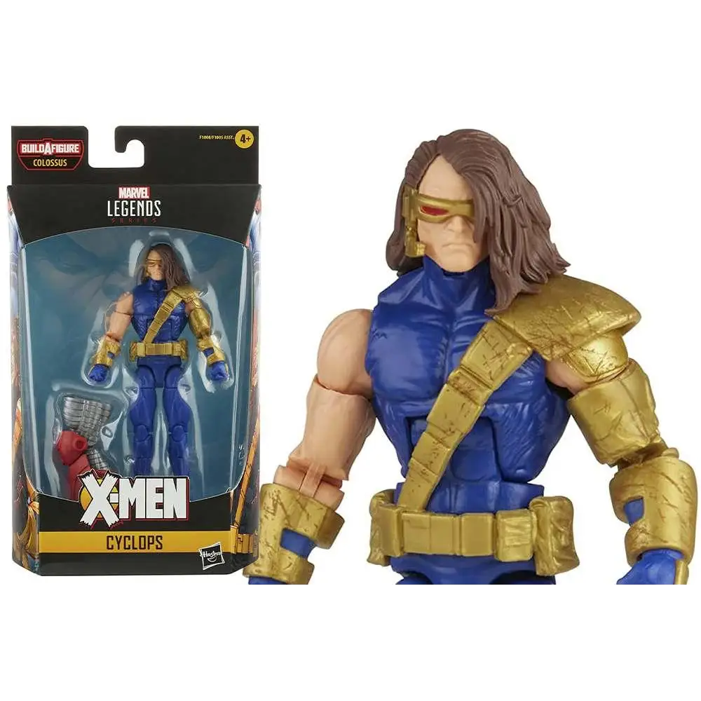 Blå och gul Marvel Legends AOA Cyclops actionfigur med detaljerad rustning och röda linsögon