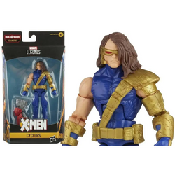 Blå och gul Marvel Legends AOA Cyclops actionfigur med detaljerad rustning och röda linsögon