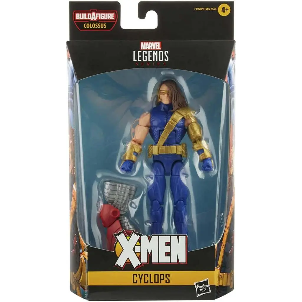 Marvel Legends AOA Cyclops actionfigur i blå-guld kostym med röda och silverdetaljer